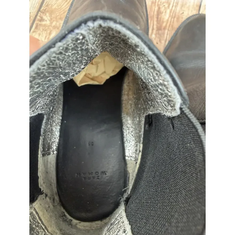 Zara Woman Black Leather Suede Chelsea Ankle Boots Pull On Round Toe SIZE 5.5